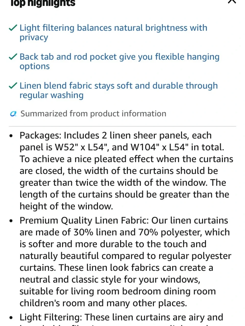 Ivory White Light Filtering Linen Curtains 54 Inch Length 2 Panel Set new 🆕
